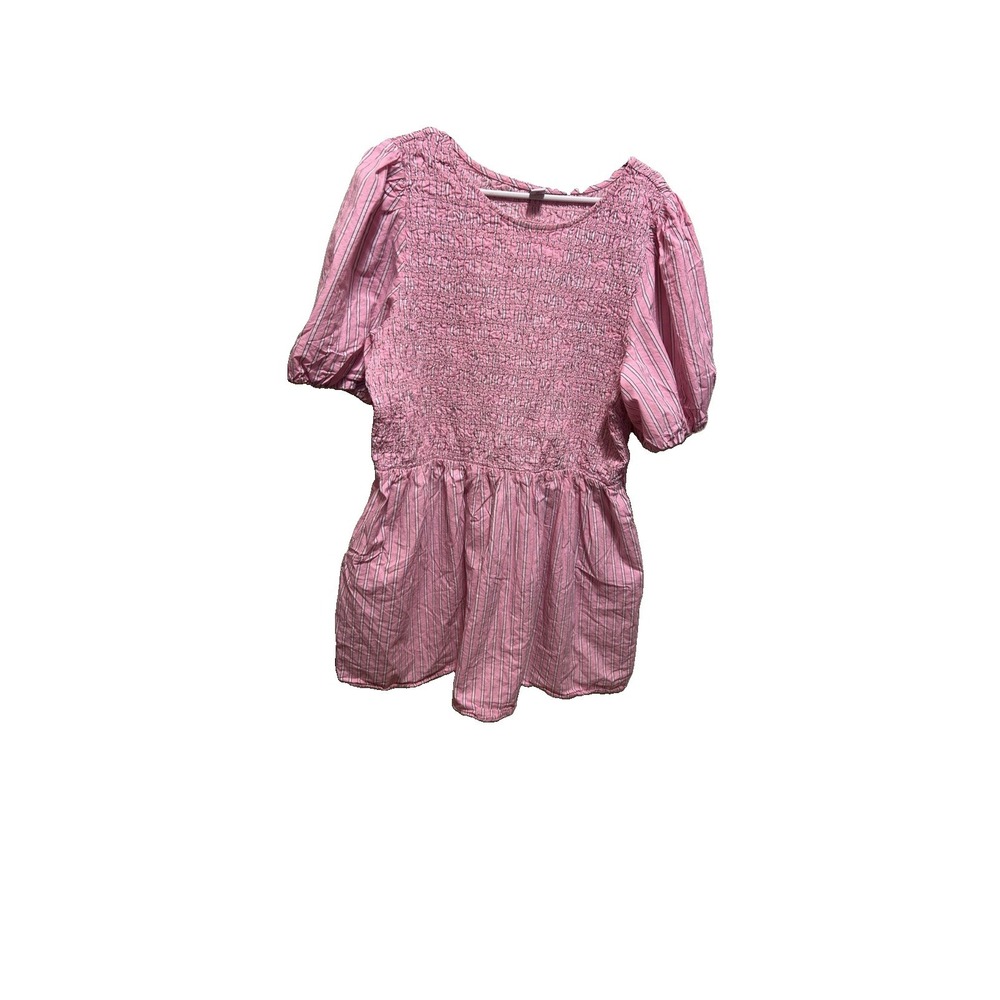 old navy pink striped smocked puff sleeves dress baby doll flare mini